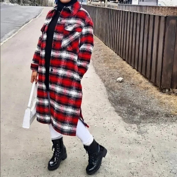 Zara Plaid Overshirt Longline Shacket Jacket Coat NWT Red White  Size Medium - Picture 2 of 11